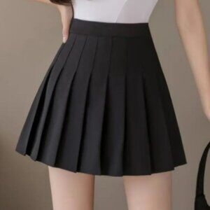 Solid Color High Waist Pleated A-line Skirt Small Black